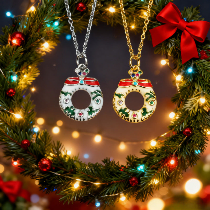 Wholesale Christmas Snowflake Deer Necklace Christmas Wreath Candy Diamond Pendant Necklace